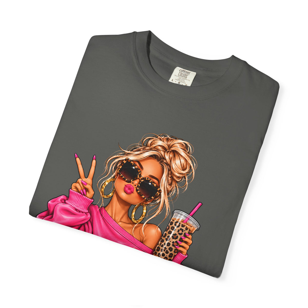 Trendy Girl Graphic Tee with Pink Hoodie & Peace Sign