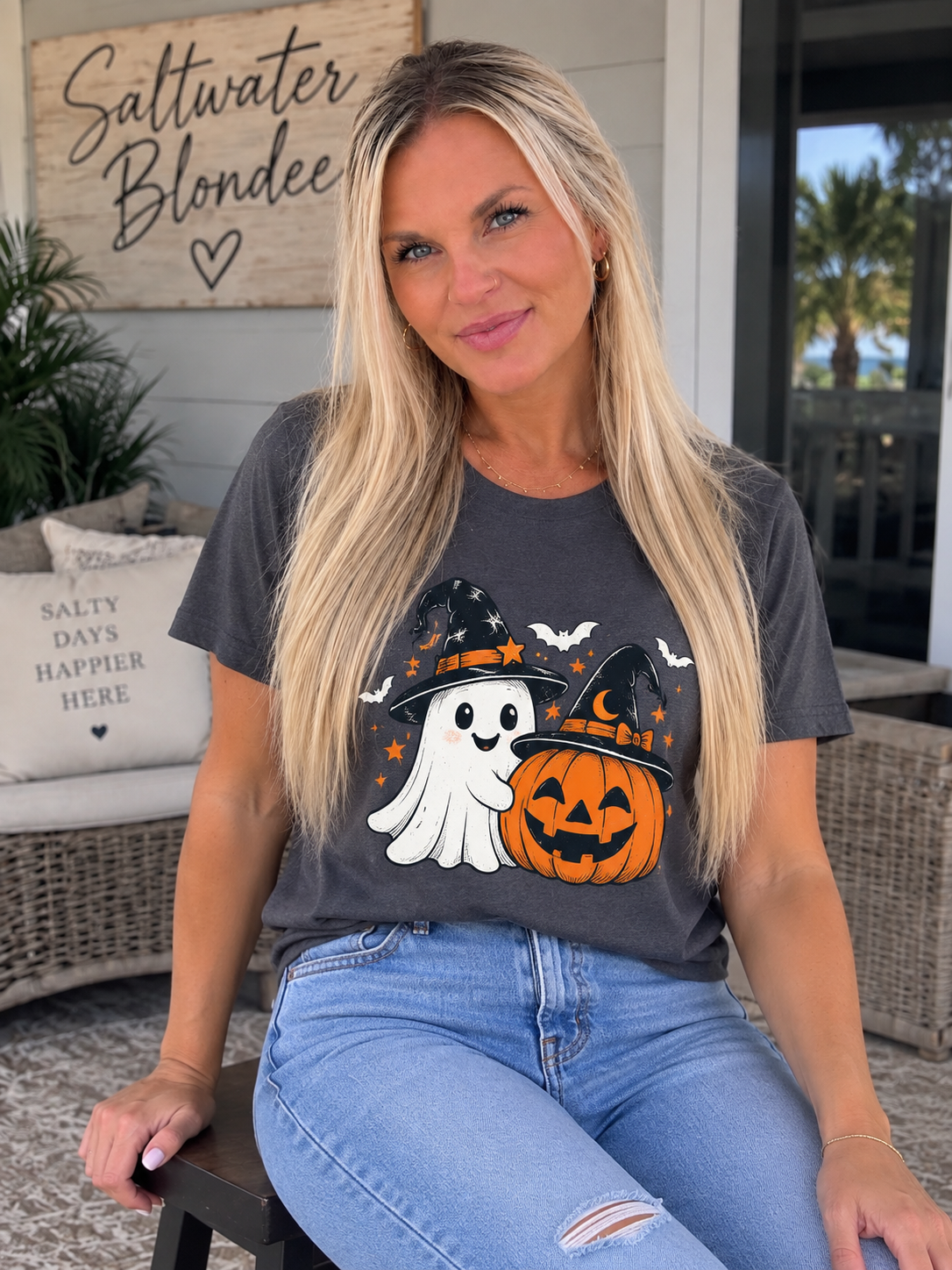 Halloween Ghost & Jack-O'-Lantern T-Shirt — Cute Witch Hat Pumpkin Tee