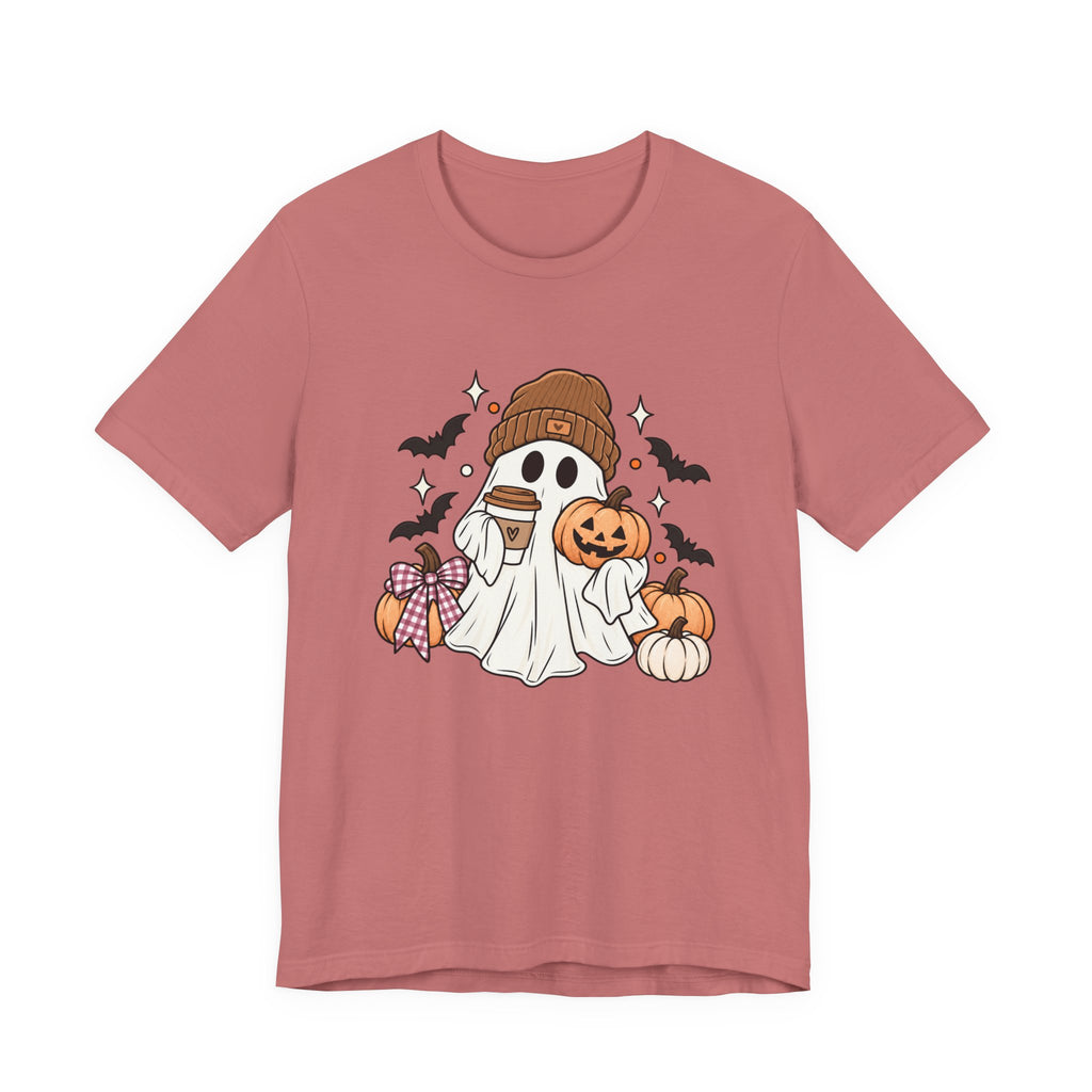 Cute Halloween Ghost Tee – Pumpkin & Bats Fall Graphic T-Shirt