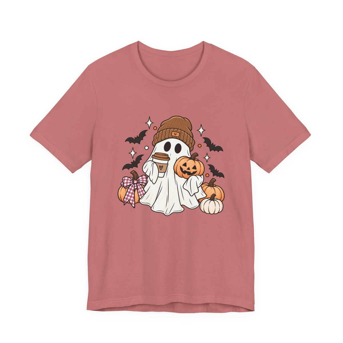 Cute Halloween Ghost Tee – Pumpkin & Bats Fall Graphic T-Shirt