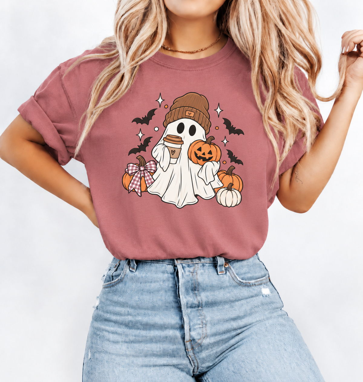 Cute Halloween Ghost Tee – Pumpkin & Bats Fall Graphic T-Shirt